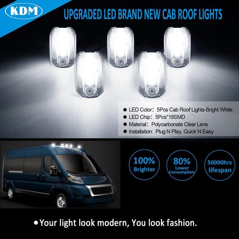 KDM Clear Lens Led Cab Roof Top Marker Lights assembly Fit for 2014-2023 Dodge Ram ProMaster 1500 2500 3500 Pick up Truck Van,Mounted Running Clearance Lamp Bright White,5Pack - Image 2